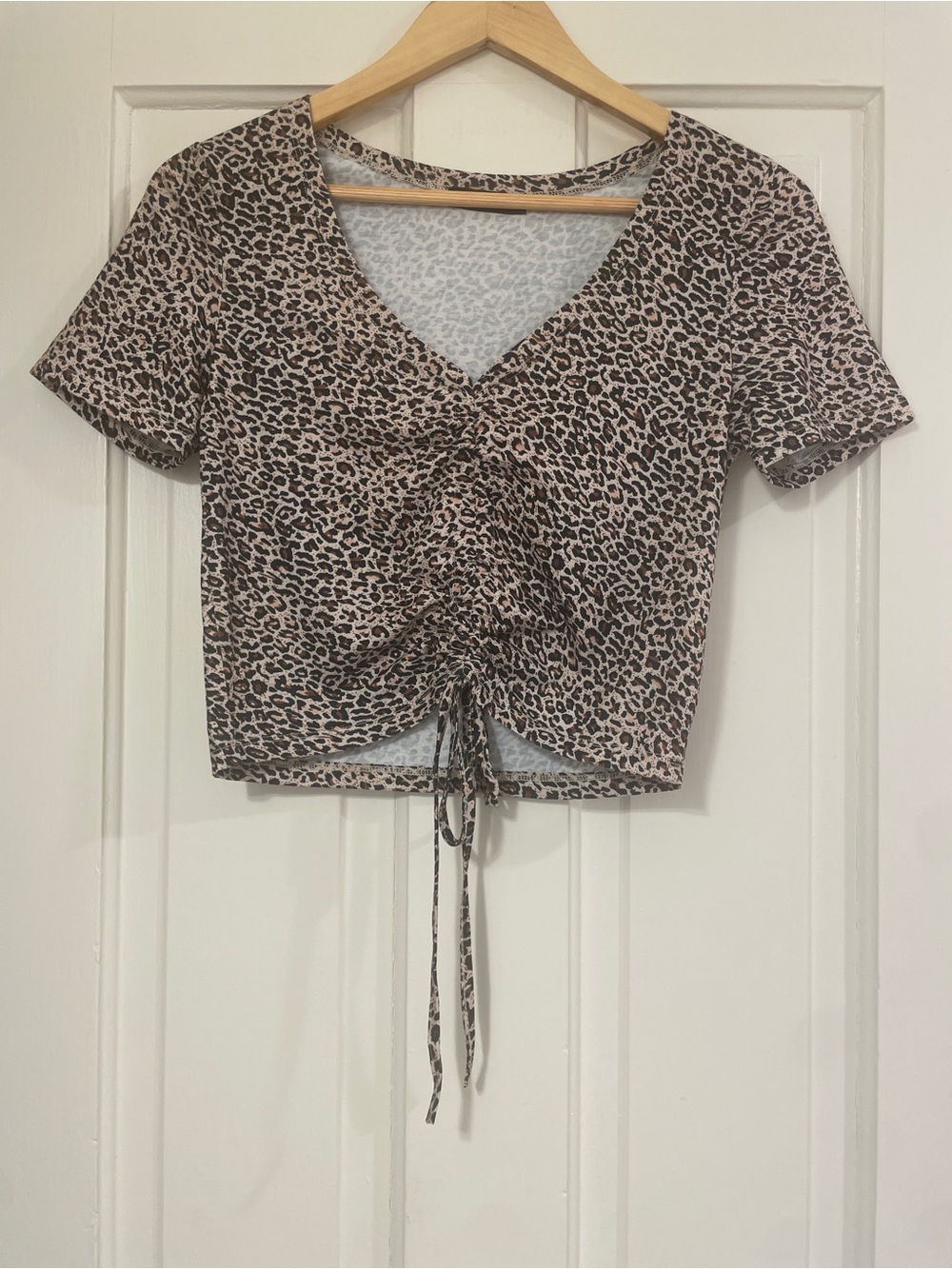 Leopard Print Ruched Tie-Front Crop Top